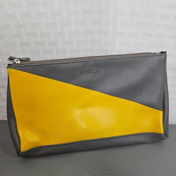 Furla EVA Air Gray & Yellow Leather Zip Pouch Clutch Handbag - Picture 1 of 4